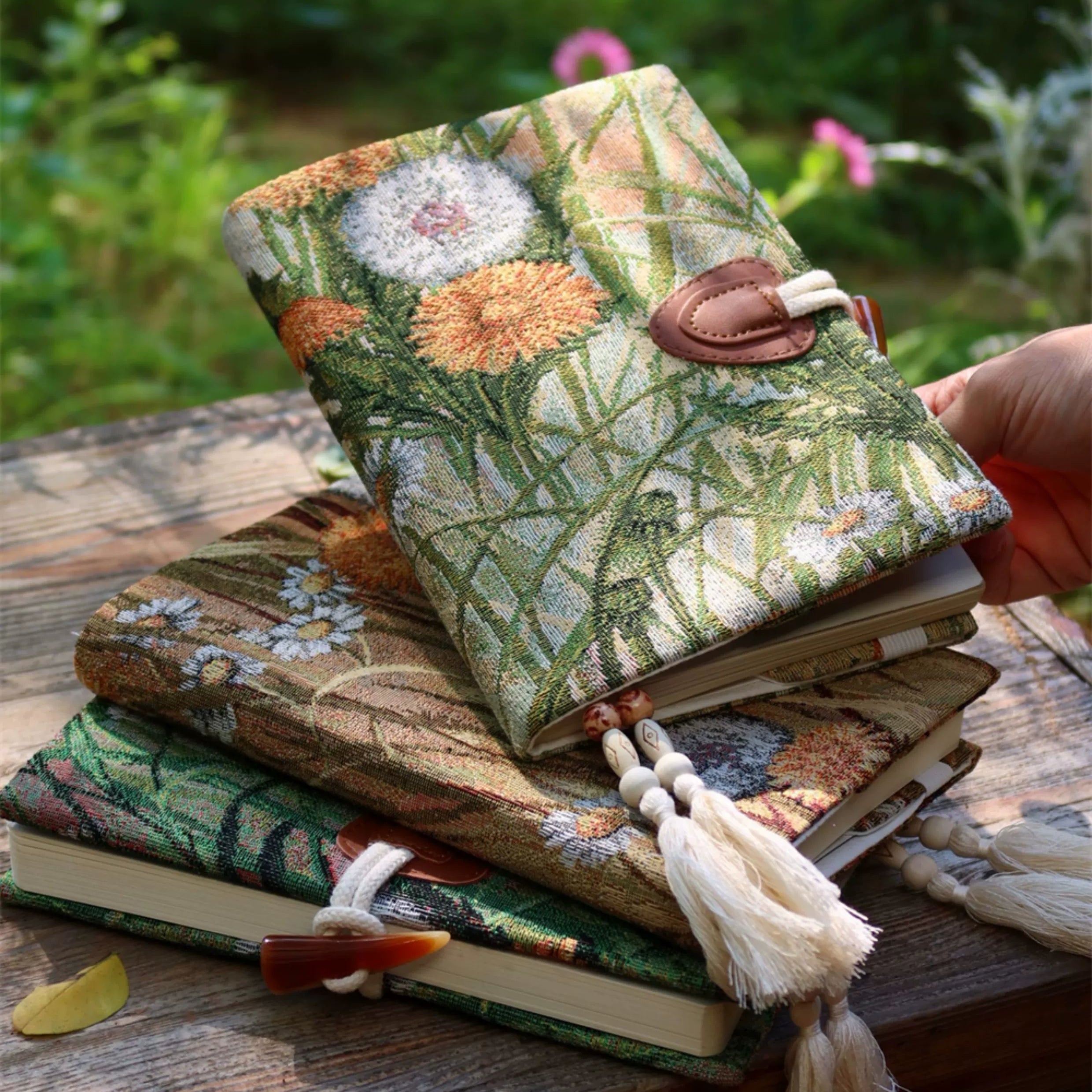 Autumn Garden Jacquard Journal Notebook Stationery Handmade Artisan Fabric Cover Floral