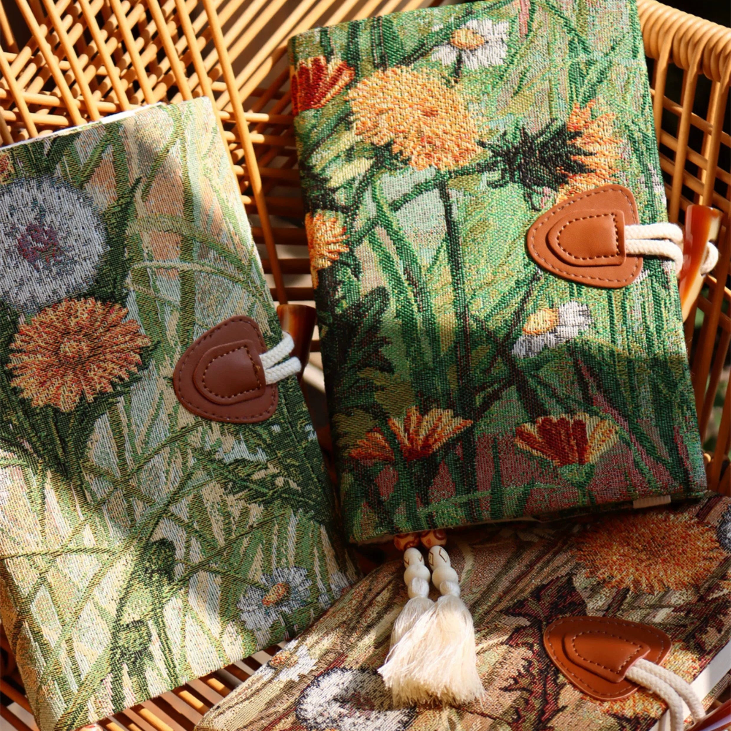 Autumn Garden Jacquard Journal Notebook Stationery Handmade Artisan Fabric Cover Floral