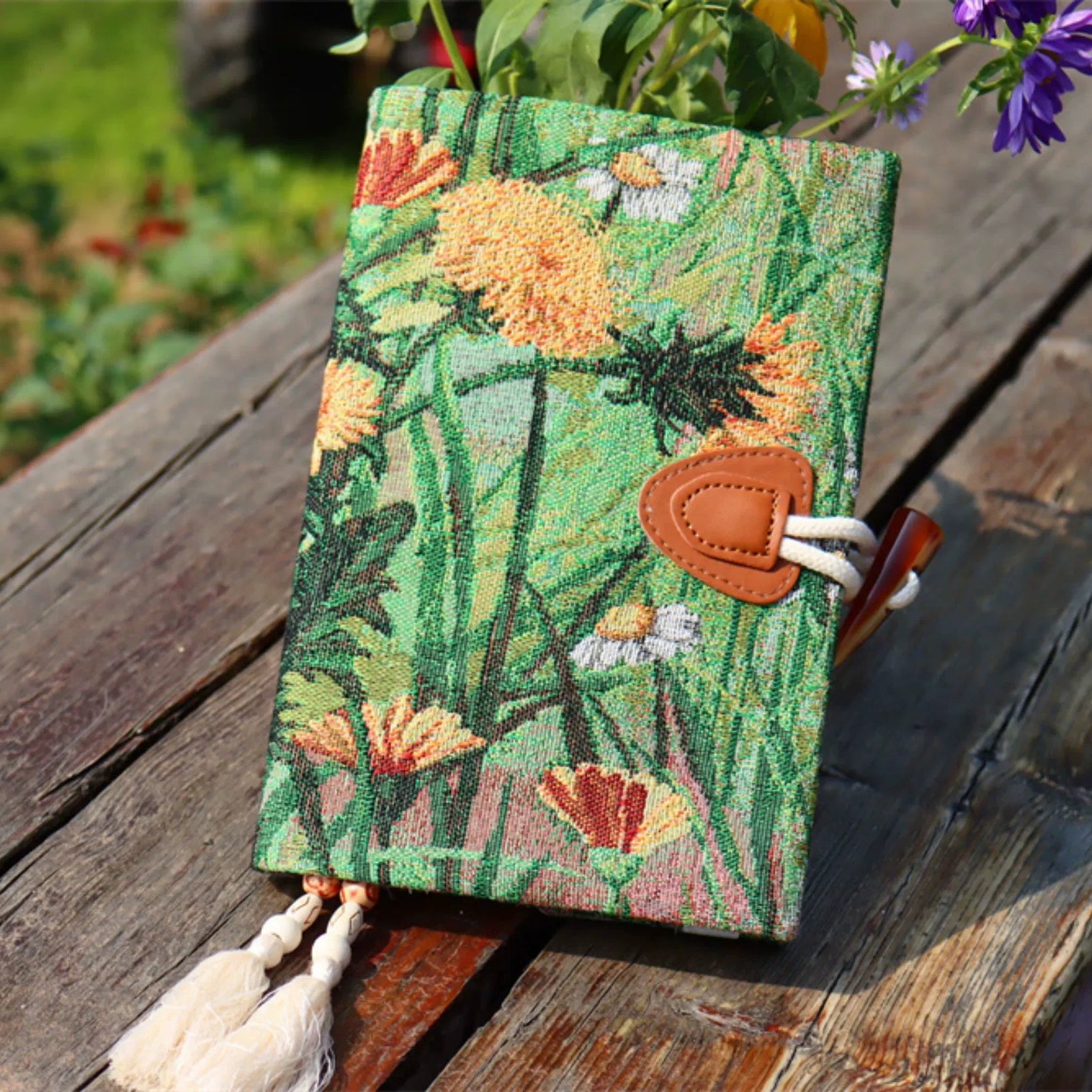 Autumn Garden Jacquard Journal Notebook Stationery Handmade Artisan Fabric Cover Floral